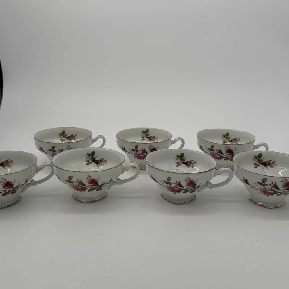 Vintage Royal Rose Fine China Japan Teacups Lot‎ Of 7 Pink Floral Gold Trim